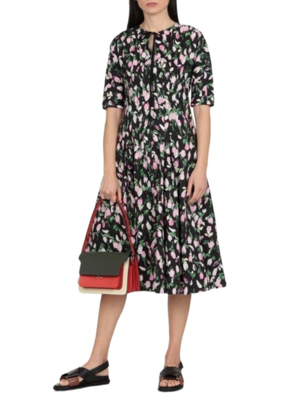 MARNI / Black Poplin Midi Dress with Pink & Green Tulip Print - Sz 10 - Italy